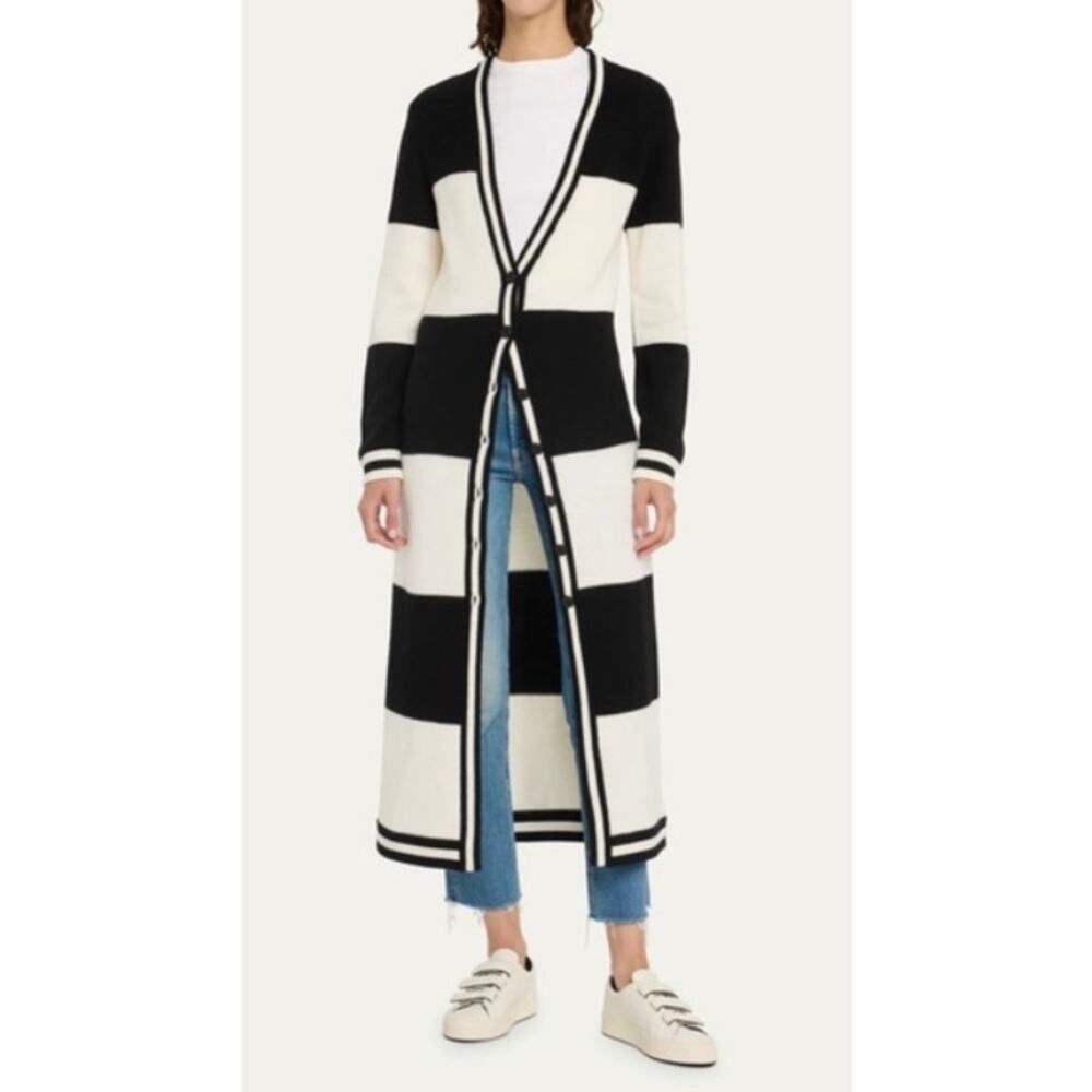 Alice + Olivia Bradford Striped Long Wool Cardigan Black Cream Size Medium